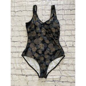 Byron Blue Australia Womans One Piece Swimsuit Black Gold Blue Circle Size 12‎